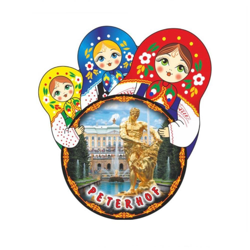 Магнит матрешка круг Петергоф Самсон на фоне дворца