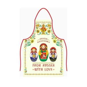 Фартук Три матрешки бежевый с красной каймой